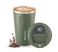 Taza de café de acero inoxidable con indicador de temperatura LED, a prueba de fugas, con tapa, mantiene el frío y el calor, adecuado para café, té y cerveza (verde)