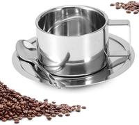 Taza de café de acero inoxidable, tazas de taza de café con aislamiento de doble capa, 3 piezas juego de tazas de café espresso con platillo y cuchara para bar, cocina, cafetería, tienda