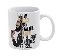 Taza de café de cerámica blanca con texto en inglés "I Am Black Man" Powerful Leader Ambitious Blessed de 325 ml, taza de té impresa de doble cara con mango ergonómico en C, vasos de porcelana con