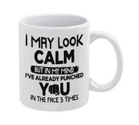 Taza de café de cerámica blanca de 325 ml, con texto en inglés "I May Look Calm But in My Mind I Have Punched You in The Face 3 Times", taza de té impresa de doble cara con mango ergonómico en C, vaso