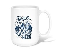 Taza de café de cerámica con cita de héroe de cinta de concienciación | Tema de conciencia de apoyo, taza de café, ilustración de paisaje de montaña, tipografía azul marino