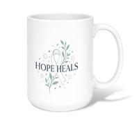 Taza de café de cerámica con cita inspiradora Hope Heals Awareness de 15 | Cita inspiradora, taza de café, follaje botánico, conciencia de salud mental, regalo de aliento, paleta de colores calmante