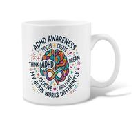 Taza de café de cerámica con cita sobre el TDAH y la neurodiversidad | Tema de neurodiversidad, taza para beber, cita inspiradora, defensa de la salud mental, diseño gráfico colorido