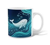 Taza de café de cerámica con diseño de ballena, diseño de olas marinas juguetonas con burbujas, color azul, con asa, ideal para amigos, familiares, amantes, ancianos, compañeros de trabajo, 325 ml