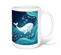 Taza de café de cerámica con diseño de ballena, diseño de olas marinas juguetonas con burbujas, color azul, novedosa taza de chocolate caliente con asa, ideal para amigos, familiares, compañeros de