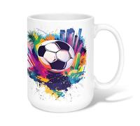 Taza de café de cerámica con diseño de balón de fútbol, deportiva, vibrante, palmeras, horizonte de la ciudad, verano, taza de té negra novedosa con asa, ideal para amigos, familiares, amantes