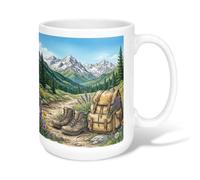 Taza de café de cerámica con diseño de botas, mochila al aire libre, montañas, verano, verde, novedad, taza para beber con asa, ideal para amigos, familiares, amantes, ancianos, compañeros de trabajo