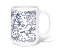 Taza de café de cerámica con diseño de caballo, diseño de jinete vintage floral azul marino con asa, ideal para amistad, familia, colegas, profesores, personal amoroso, 15 onzas
