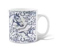 Taza de café de cerámica con diseño de caballo, diseño de jinete vintage floral azul marino con asa, ideal para amistad, familia, colegas, profesores, personal de novia, 11 onzas