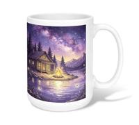Taza de café de cerámica con diseño de cabaña, naturaleza escénica, fuego, río, otoño, violeta, novedosa, taza de chocolate caliente con asa, ideal para amigos, familiares, amantes, ancianos