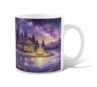 Taza de café de cerámica con diseño de cabaña, naturaleza escénica, fuego, río, otoño, violeta, taza de té con asa, ideal para amistad, familia, colegas, personal, novios, profesores, 325 ml