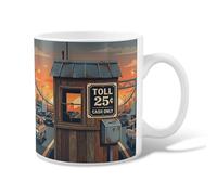 Taza de café de cerámica con diseño de cabina de peaje, puente retro urbano con puesta de sol, naranja, taza para beber con asa, ideal para amigos, familiares, compañeros de trabajo, profesores
