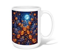 Taza de café de cerámica con diseño de calabazas, hojas de fantasma, Halloween, naranja, novedosa taza de té con asa, ideal para amigos, familiares, amantes, ancianos, compañeros de trabajo, 15 onzas