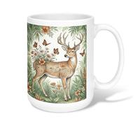 Taza de café de cerámica con diseño de ciervo, flores botánicas de naturaleza, mariposas, verde primavera, taza de té novedosa con asa, ideal para amigos, familiares, compañeros de trabajo, profesores
