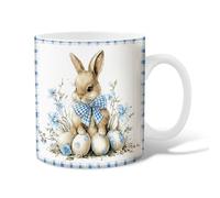 Taza de café de cerámica con diseño de conejo, huevos de primavera y flores, taza de té azul novedosa con asa, regalo para amigos, familiares, compañeros de trabajo, amantes de la tercera edad, 15