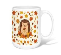 Taza de café de cerámica con diseño de erizo, hojas juguetonas y bellotas, color naranja otoñal, tazas para beber con asa, ideal para amistad, familia, colegas, profesores, personal de amor, 15 onzas
