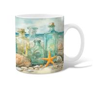 Taza de café de cerámica con diseño de estrella de mar, botellas de vidrio relajadas costeras con conchas de verano, turquesa, novedosas tazas de trabajo con asa, regalo para amistad, familia, colegas