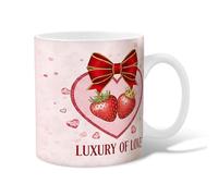 Taza de café de cerámica con diseño de fresas, romántico y juguetón con lazo de corazón, para el día de San Valentín, melocotón, con asa, regalo para amigos, familiares, compañeros de trabajo, amantes