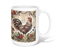 Taza de café de cerámica con diseño de gallo, diseño de flores vintage y estrellas, Día de la Independencia, taza de té roja novedosa con asa, ideal para amigos, familiares, amantes, ancianos