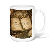 Taza de café de cerámica con diseño de libro, estilo vintage y romántico, diseño de corona de otoño, color marrón, con asa, ideal para amistad, familia, colegas, personal, novios, profesores, 15 onzas