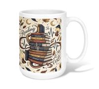 Taza de café de cerámica con diseño de libros, hojas de lámpara vintage de otoño, taza de té con asa, ideal para amigos, familiares, compañeros de trabajo, amantes de la tercera edad, 15 onzas
