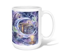 Taza de café de cerámica con diseño de libros, mariposas fantasiosas, luna, noche, violeta, novedosa, con asa, ideal para amistad, familia, colegas, personal, novios, profesores, 15 onzas