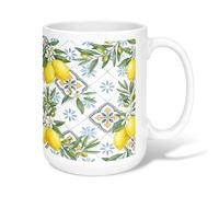Taza de café de cerámica con diseño de limón, flor de olivo botánico mediterráneo, para verano, color amarillo, con asa, ideal para amigos, familiares, compañeros de trabajo, profesores, parejas