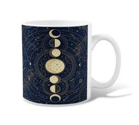 Taza de café de cerámica con diseño de luna, constelaciones místicas celestiales, ninguna azul marino, taza de té novedosa con asa, ideal para amistad, familia, colegas, profesores, personal de novia
