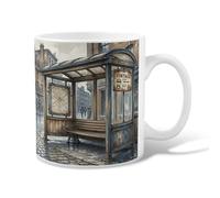 Taza de café de cerámica con diseño de parada de autobús, mapa de ruta urbana vintage, letrero vintage ninguno marrón, taza para beber con asa, ideal para amistad, familia, colegas, personal, novios