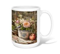 Taza de café de cerámica con diseño de rosa, vintage, rústico, pájaros, frutas, primavera, melocotón, taza de té con asa, ideal para amigos, familiares, compañeros de trabajo, amantes de la tercera