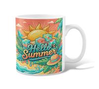 Taza de café de cerámica con diseño de sol, diseño tropical de cubitos de hielo, hojas de verano, color amarillo, taza de chocolate caliente con asa, ideal para amigos, familiares, compañeros de