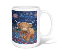 Taza de café de cerámica con diseño de vaca de las Tierras Altas, diseño de estrellas de fuegos artificiales del 4 de julio, taza de té azul novedosa con asa, ideal para amigos, familiares, amantes