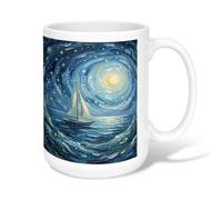 Taza de café de cerámica con diseño de velero, impresionismo artístico, estrellas, luna, verano, azul, novedosa, taza de chocolate caliente con asa, ideal para amistad, familia, colegas, profesores