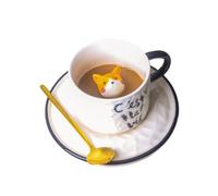 Taza de café de cerámica con platillo, taza interior de gato 3D con asa y cuchara, tazas de té con figura de animal para bar, hogar, oficina, gato amarillo