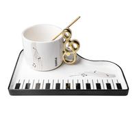 Taza de café de cerámica con plato y cuchara: 200 ml Taza de café creativa para piano, nota musical, taza de té, regalo, taza de café para amantes de la música, regalo de música, blanco