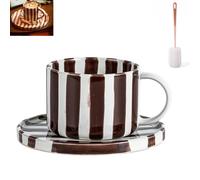Taza de café de cerámica creativa, resistente al calor y antideslizante, juego de taza de agua y platillo de cerámica a rayas, perfecta para el desayuno, el té de la tarde o como regalo (200 ml)