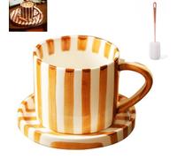 Taza de café de cerámica creativa, resistente al calor y antideslizante, juego de taza de agua y platillo de cerámica a rayas, perfecta para el desayuno, el té de la tarde o como regalo (200 ml)