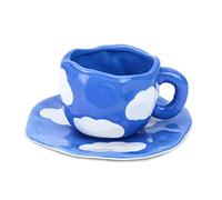 Taza de café de cerámica de 10 onzas con platillo para mujer, diseño de cielo azul y nube blanca, elegante juego de tazas de té para el hogar y la oficina