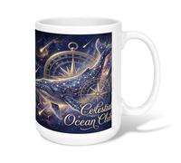 Taza de café de cerámica de ballena, celestial mística brújula azul novedad taza de beber de oficina con asa, ideal para amistad, familia, colegas, profesores, personal de amor, 15 onzas