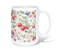 Taza de café de cerámica de fresa, diseño floral de arándanos, color rojo de verano, taza de chocolate caliente con asa, ideal para amigos, familiares, amantes, ancianos, compañeros de trabajo, 15