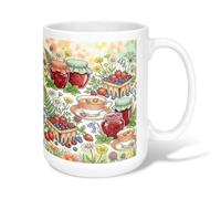 Taza de café de cerámica de fresas, tarros de mermelada rústica de verano, arándanos, taza de té con asa, ideal para amigos, familiares, amantes, ancianos, compañeros de trabajo, 15 onzas