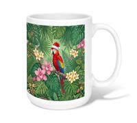 Taza de café de cerámica de guacamayo tropical de Navidad de 15 onzas | Diseño de selva tropical, taza de té, ilustración de loro exótico, orquídeas botánicas vibrantes, detalles navideños de