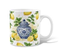 Taza de café de cerámica de limón, maceta azul menta botánica de verano, amarillo, novedosa taza de trabajo con asa, ideal para amigos, familiares, compañeros de trabajo, amantes de la tercera edad