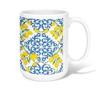 Taza de café de cerámica de limón, taza de té tradicional mediterránea con remolino floral de verano amarillo novedad con asa, ideal para amistad, familia, colegas, profesores, personal de amor, 15