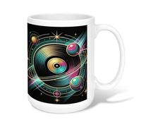 Taza de café de cerámica de vinilo, diseño retro de planetas cósmicos y estrellas N/A, color negro, novedosa taza para beber de oficina con asa, ideal para amistad, familia, colegas, personal, novios