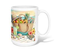 Taza de café de cerámica, diseño de frutas tropicales vibrantes, cóctel, verano, verde, novedosa taza de té con asa, ideal para amistad, familia, colegas, profesores, personal de novia, 15 onzas