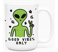 Taza de café de cerámica LookHUMAN Good Vibes Only Alien White de 15 onzas