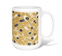 Taza de café de cerámica para pasta, con diseño de aceitunas juguetonas y remolinos de color amarillo, con asa, ideal para amigos, familiares, compañeros de trabajo, amantes de la tercera edad, 15