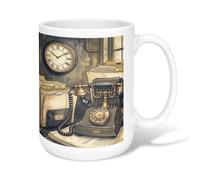 Taza de café de cerámica para teléfono, diseño clásico vintage con archivos, ninguno marrón, taza de té novedosa con asa, ideal para amistad, familia, colegas, profesores, personal de novia, 425.2 g