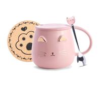 Taza de café de cerámica,Rosa con diseño de gato, hecha a mano, con cuchara y tapa, taza de gatito, taza única de chocolate caliente novedad tazas de Navidad cumpleaños para niñas y mujeres (Rosa)